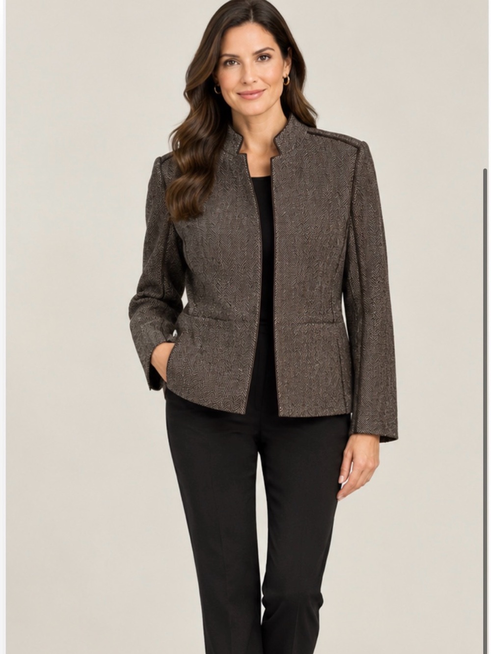 Lafayette 148 New York Chevron Textured Jacket Brown Black Snap Front Size 18